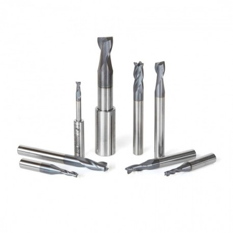 Colección de 8 Brocas 1/8", 1/4" y 3/8" Amana Tool para CNC con estante de madera AMS-152
