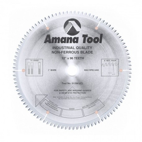 Disco 12" (300mm) con 96 Dientes Amana Tool con Ángulo Negativo -6° para Corte de Metales No Ferrosos  con Punta de Carburo TCG