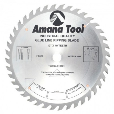 Disco 12" (300mm) Glue Line Ripping con 40 Dientes Amana Tool con Punta de Carburo Triple Chip (TC - Diente Triple Bisel)